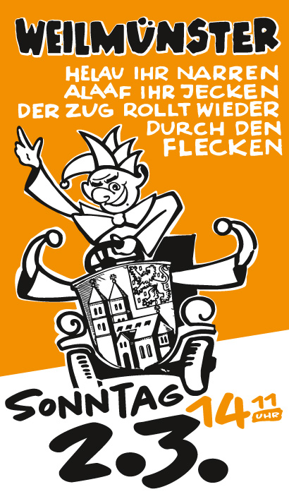 Das Plakat lädt ein zum Karnevalsumzug am 2.3.2025 in Weilmünster